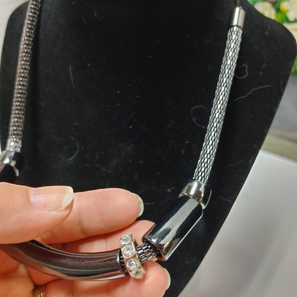3/$30 Thick Gun Metal Snake Chain Choker Collar Necklace White Rhinestones 16" - Picture 5 of 8